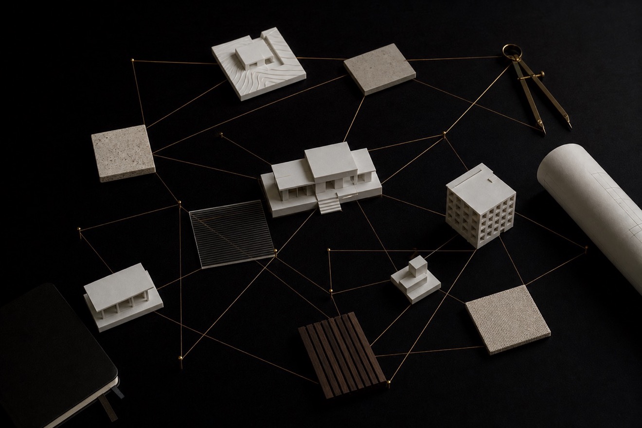 Réseau de maquettes architecturales, matières et lignes dorées sur fond noir pour l’accueil TEOMARCHI.